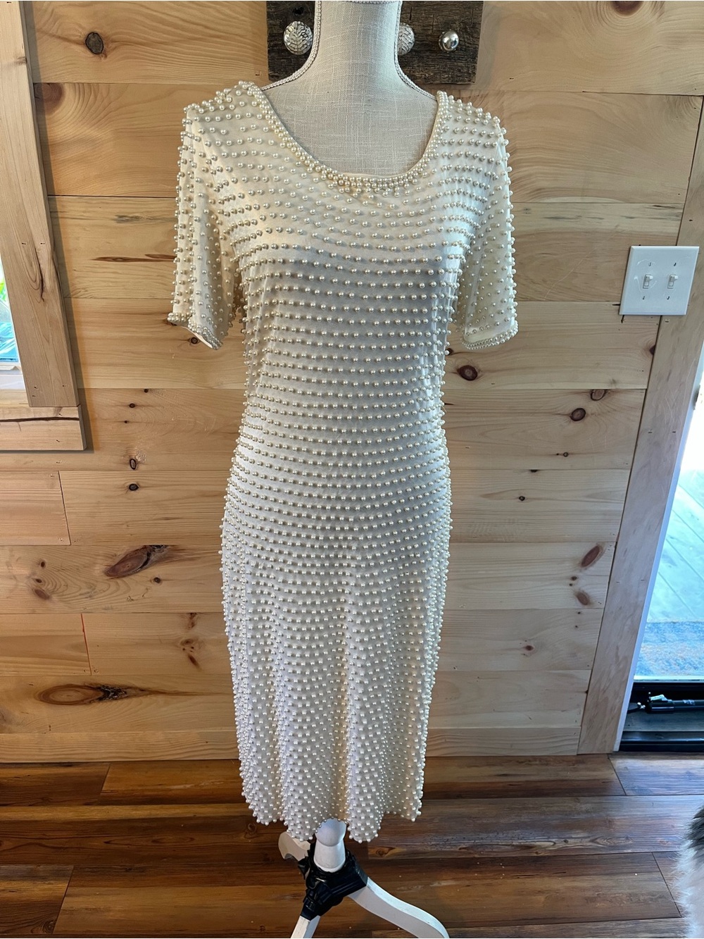 Vintage Magali Collection Pearl-Embellished Cream Midi Dress Size 8